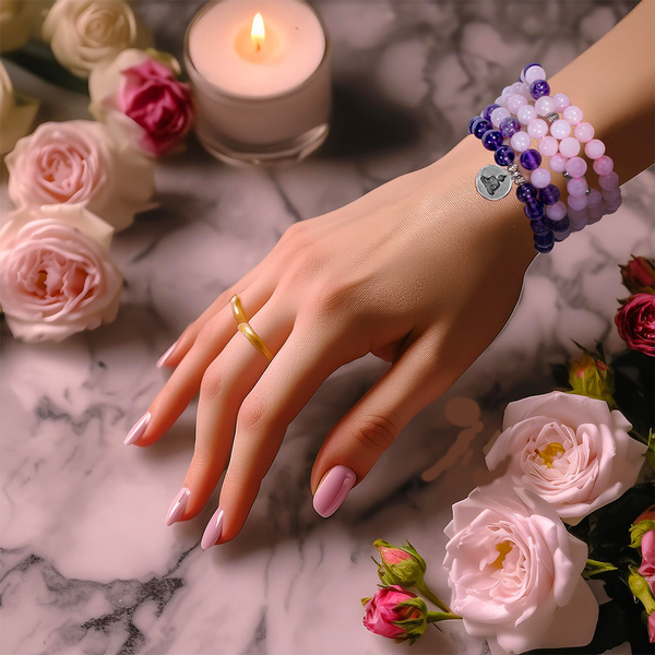 Armband Mala mit Amethyst und Rosenquarz – Buddha