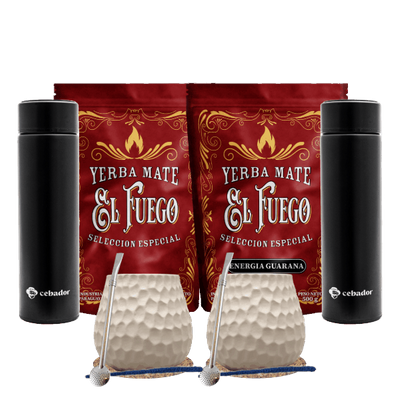 Mate-Tee-Set für zwei: El Fuego 2x500g + 2x Thermosflasche LED + 2x Kalebasse + 2x Bombilla