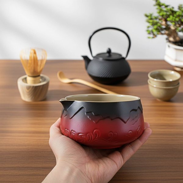 Matchawan – Keramisches Schälchen für Matcha mit Ausguss – Mountain (rot)