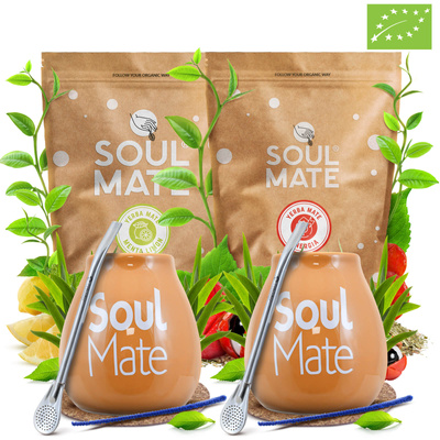 Mate Tee Set für Zwei: Soul Mate 2x500g + 2x Kalebasse + 2x Bombilla