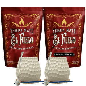 Starter-Set für zwei Personen Mate Tee El Fuego 2×500 g + 2× Kalebasse + 2× Bombilla