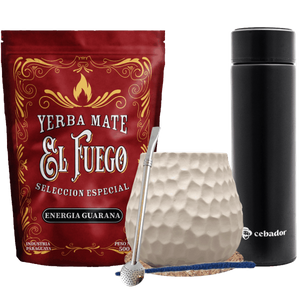 Mate-Tee-Set: El Fuego 500g + Thermosflasche LED + Kalebasse + Bombilla