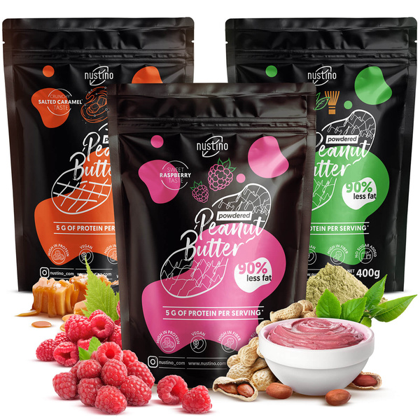 Erdnussbutterpulver-Set Nustino: Raspberry + Salted Caramel + Matcha 3x400g