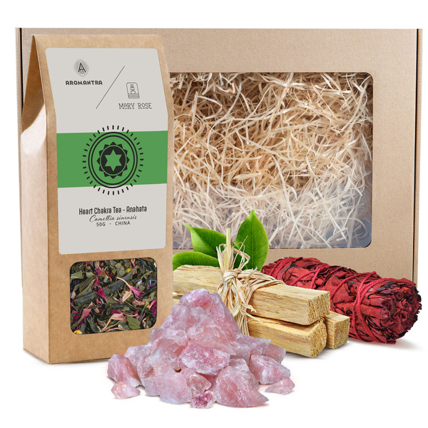 Geschenkset für Herzchakra (Anahata): Chakra-Tee + Räucherstäbchen + Rosenquarz