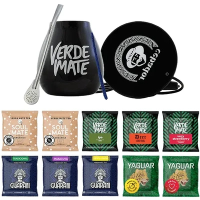 Mate Tee Set: Proben 10x50g + USB-Tassenwärmer + Kalebasse + Bombilla