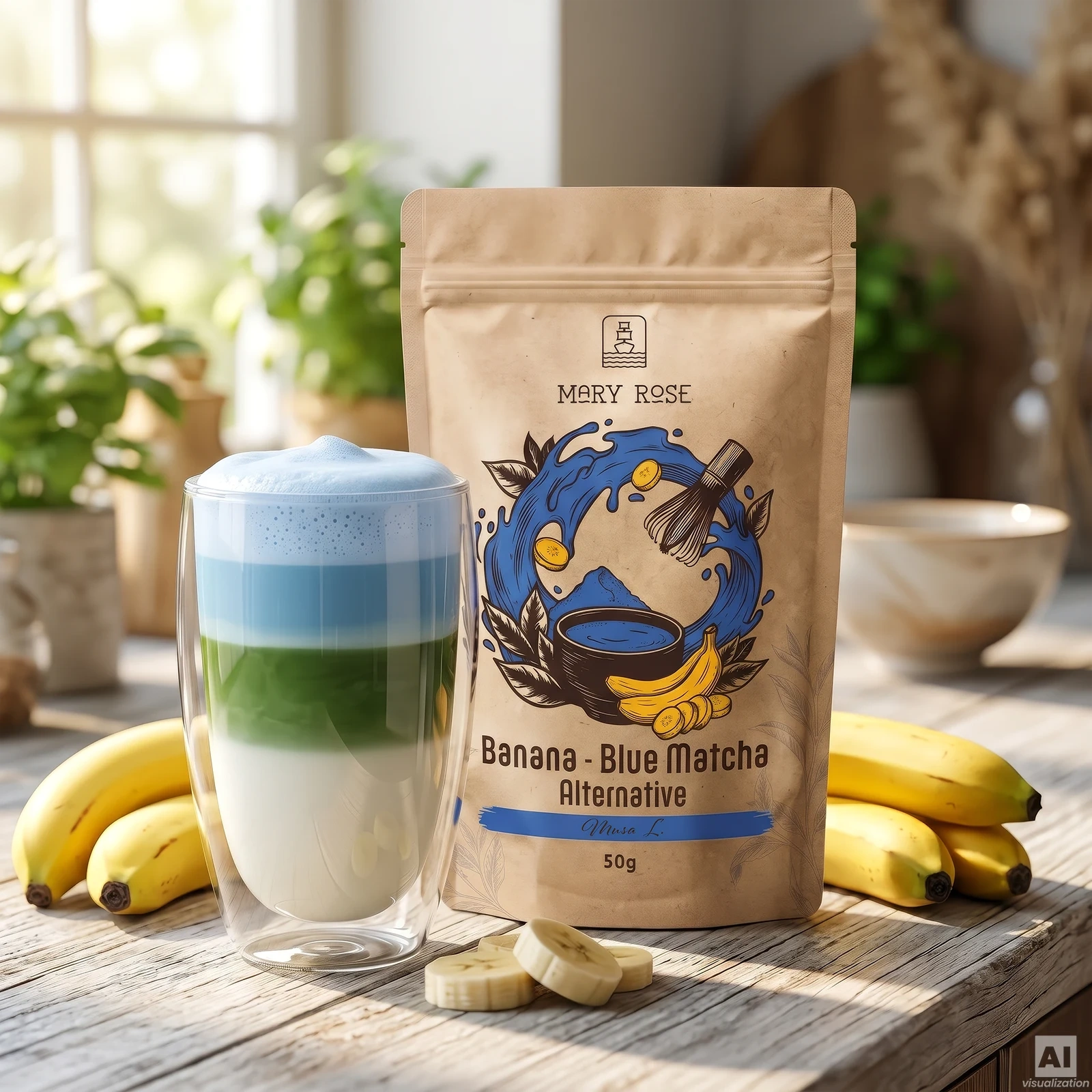 Dreifarbiger Blue Banana Matcha Latte mit Mary Rose Blue Matcha Alternative Banane