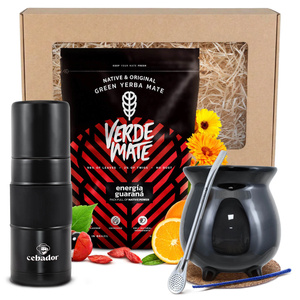 Geschenkset Mate Tee: Verde Mate Energía Guaraná 0,4kg + Yerbomos X + Kalebasse + Bombilla
