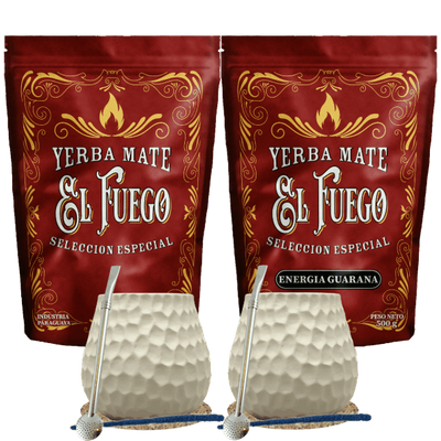 Starter-Set für zwei Personen Mate Tee El Fuego 2×500 g + 2× Kalebasse + 2× Bombilla